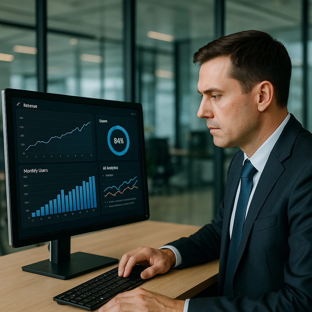 A businessman examining AI-generated performance analytics on a monitor