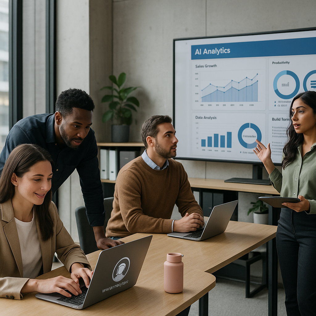 Workers in a modern office collaborating with AI-powered tools like smart dashboards
