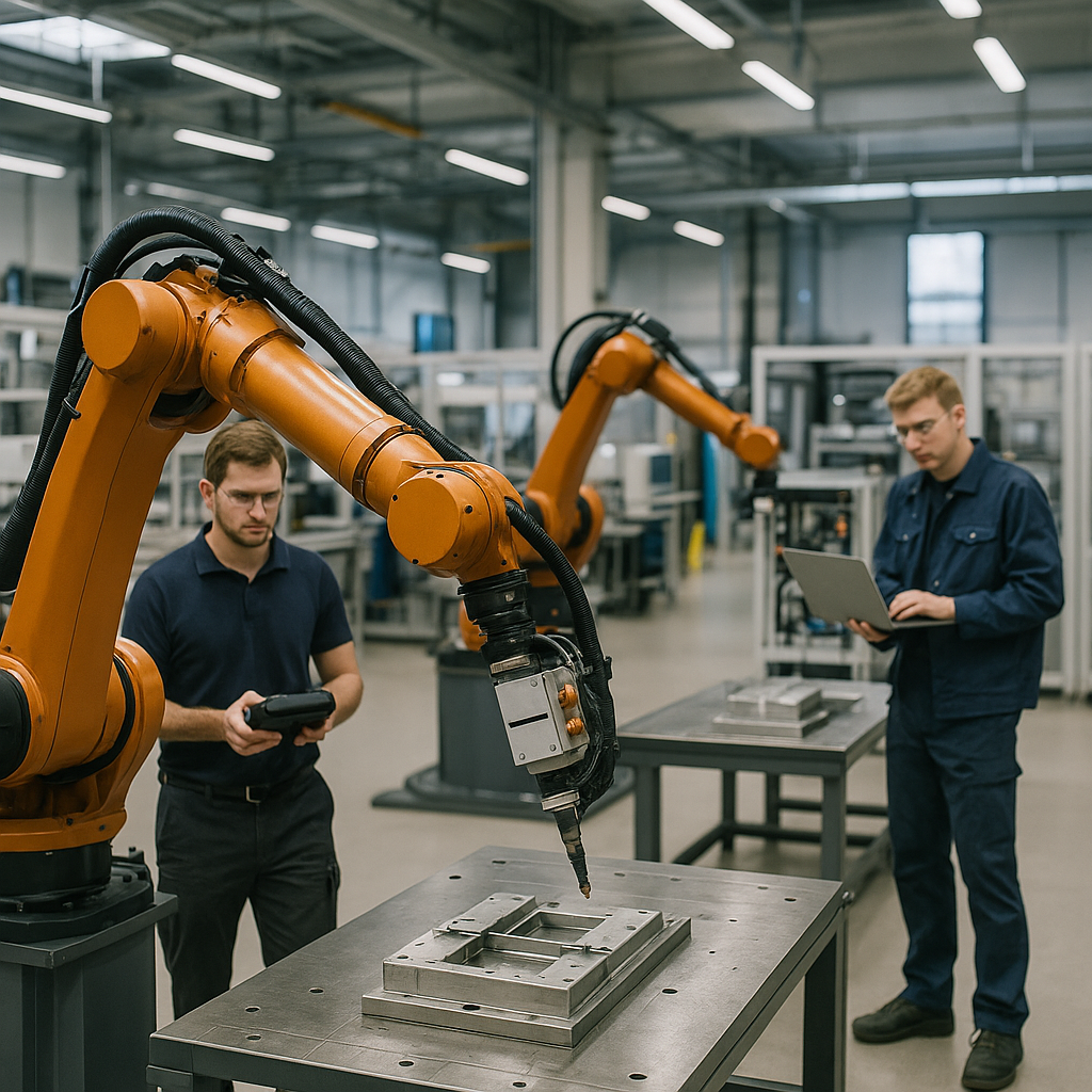 A factory floor enhanced by robotics working alongside skilled technicians