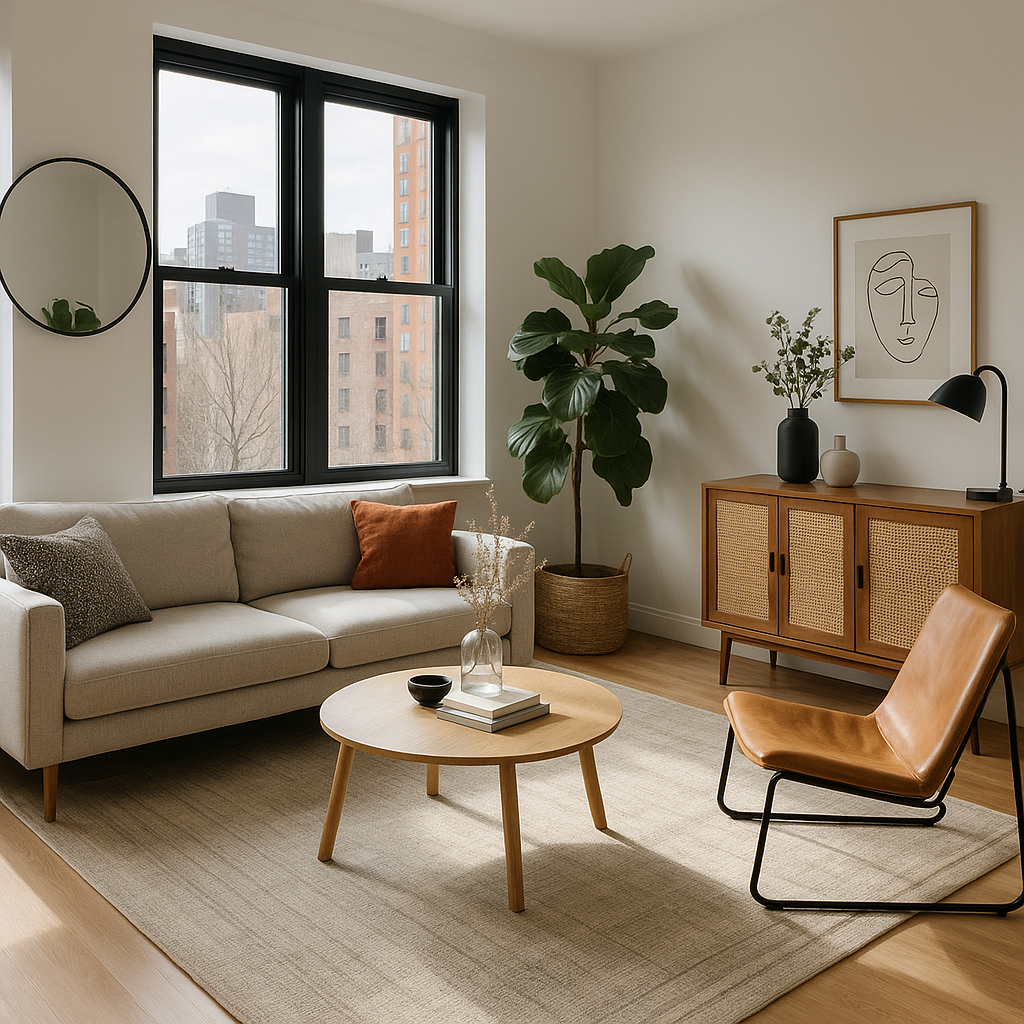 A modern urban apartment with stylish decor and large windows