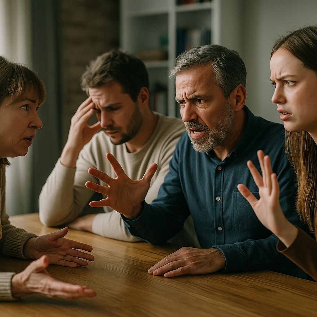A family dispute around a dining table, showing visible tension