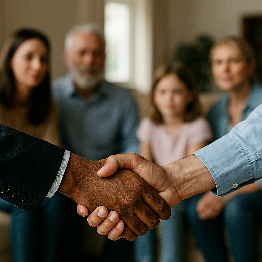 A two-person handshake against a blurred family gathering background