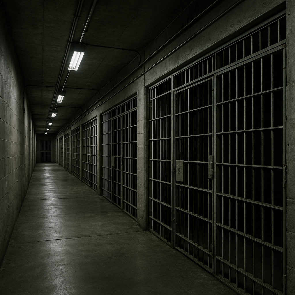 A stark, barren prison hallway with cell doors visible