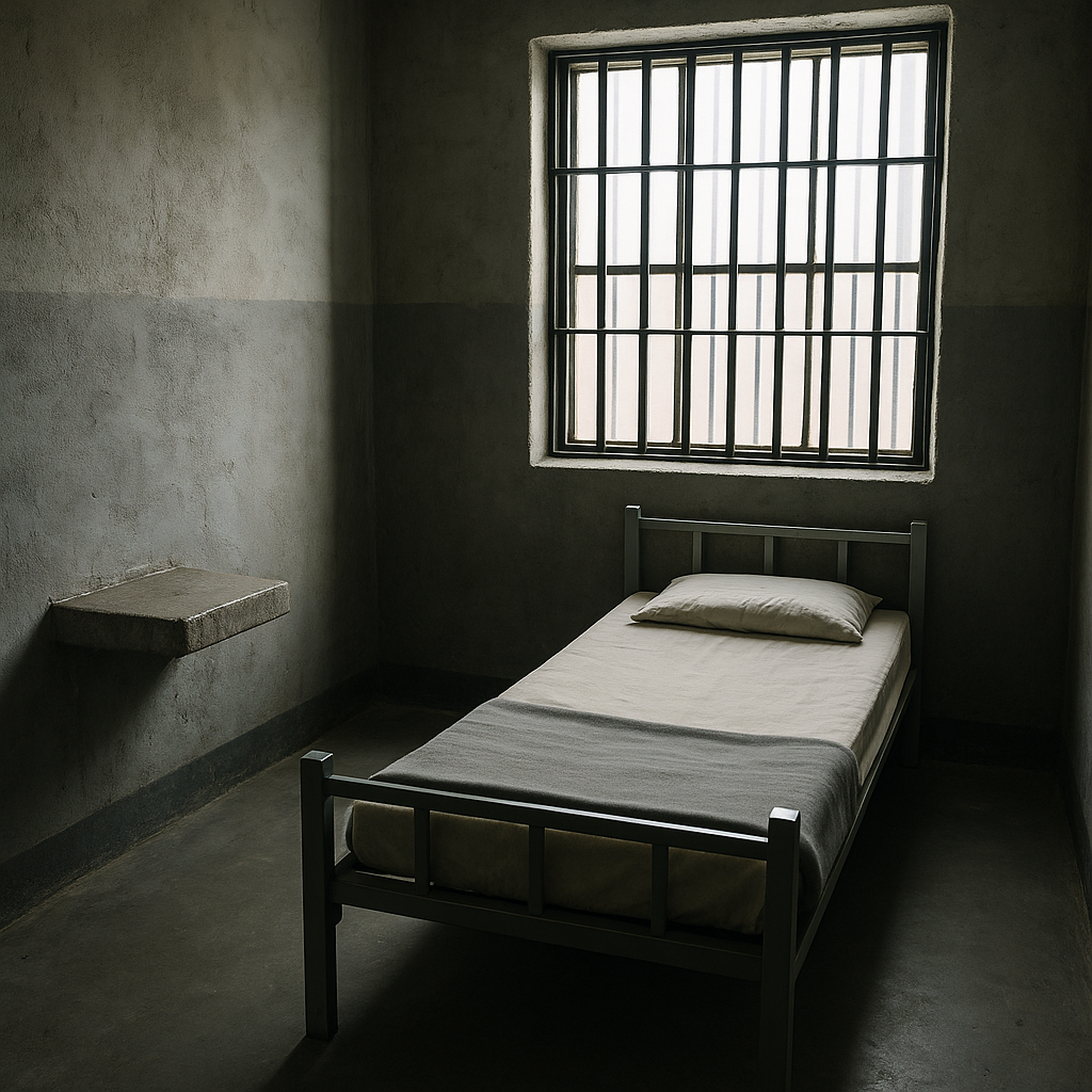 A prison cell with a simple cot and barred windows, emphasizing harsh conditions