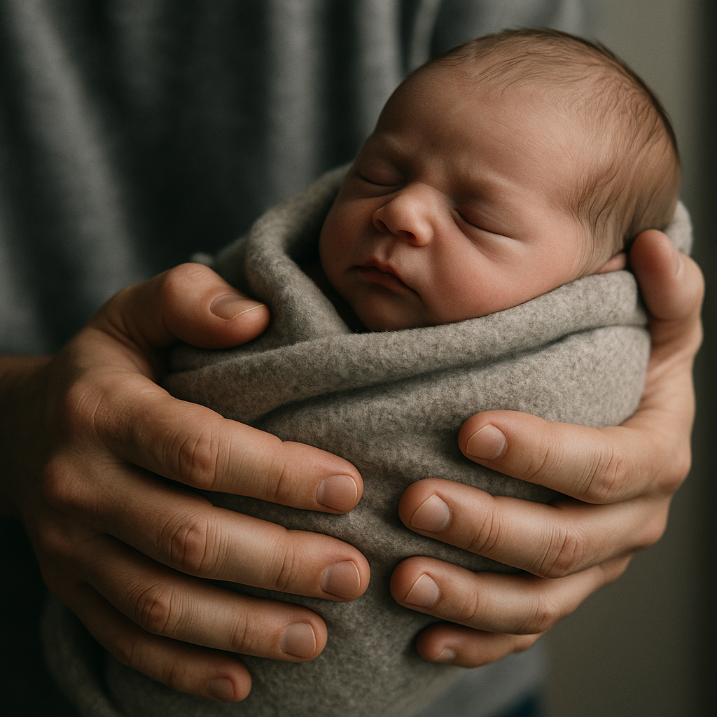Symbolic image of hands holding a newborn baby, surrounded by a hospital-like setting