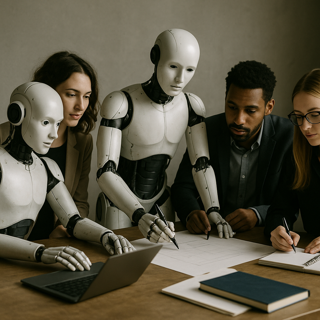 A symbolic depiction of artificial intelligence, such as robots standing alongside humans in a collaborative setting