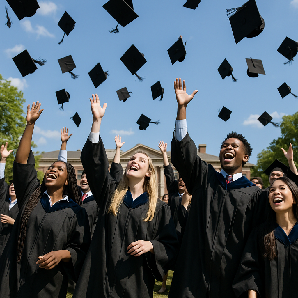 A university graduation ceremony with students celebrating on stage with caps thrown in the air