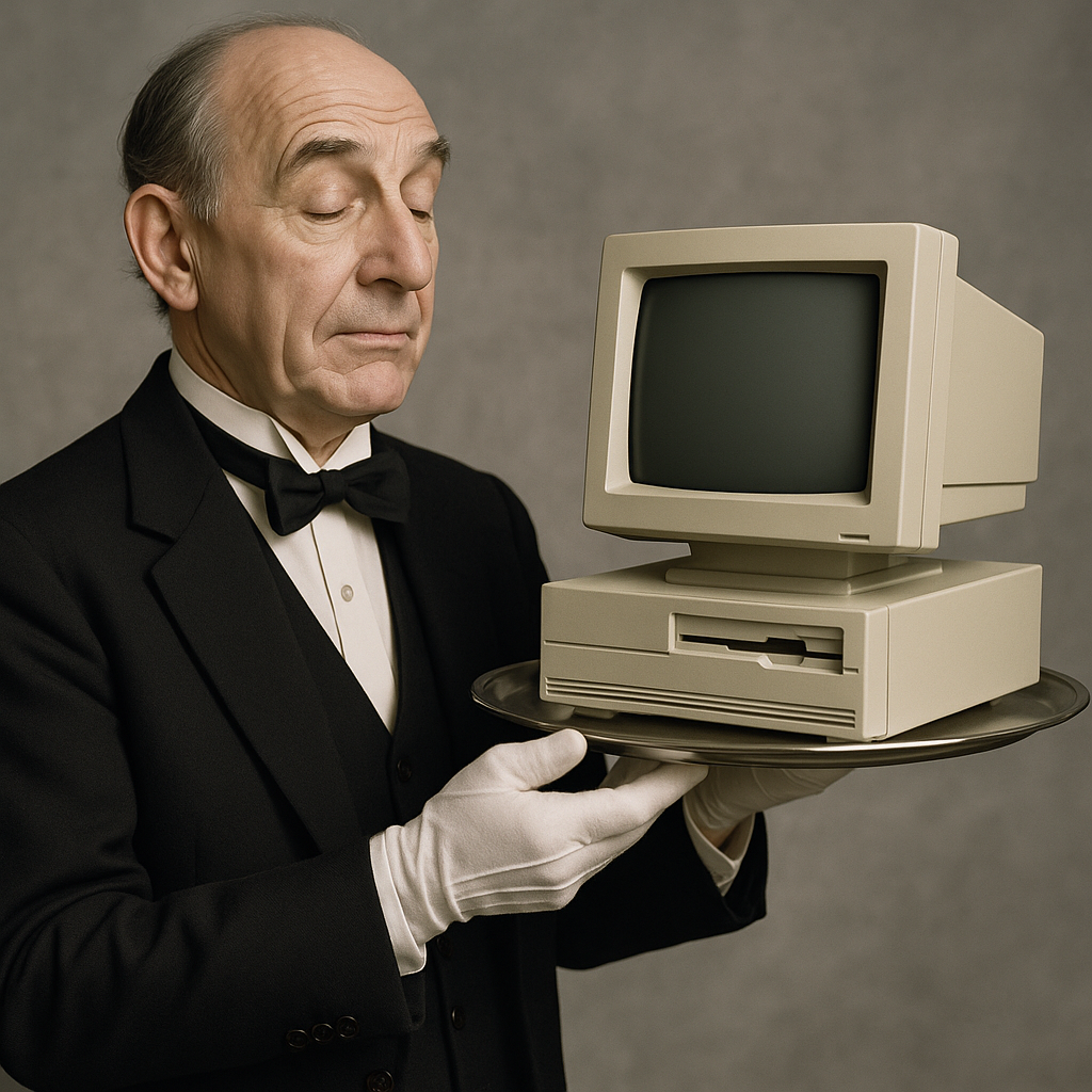 Original Ask Jeeves mascot standing with a tray, representing the service's theme