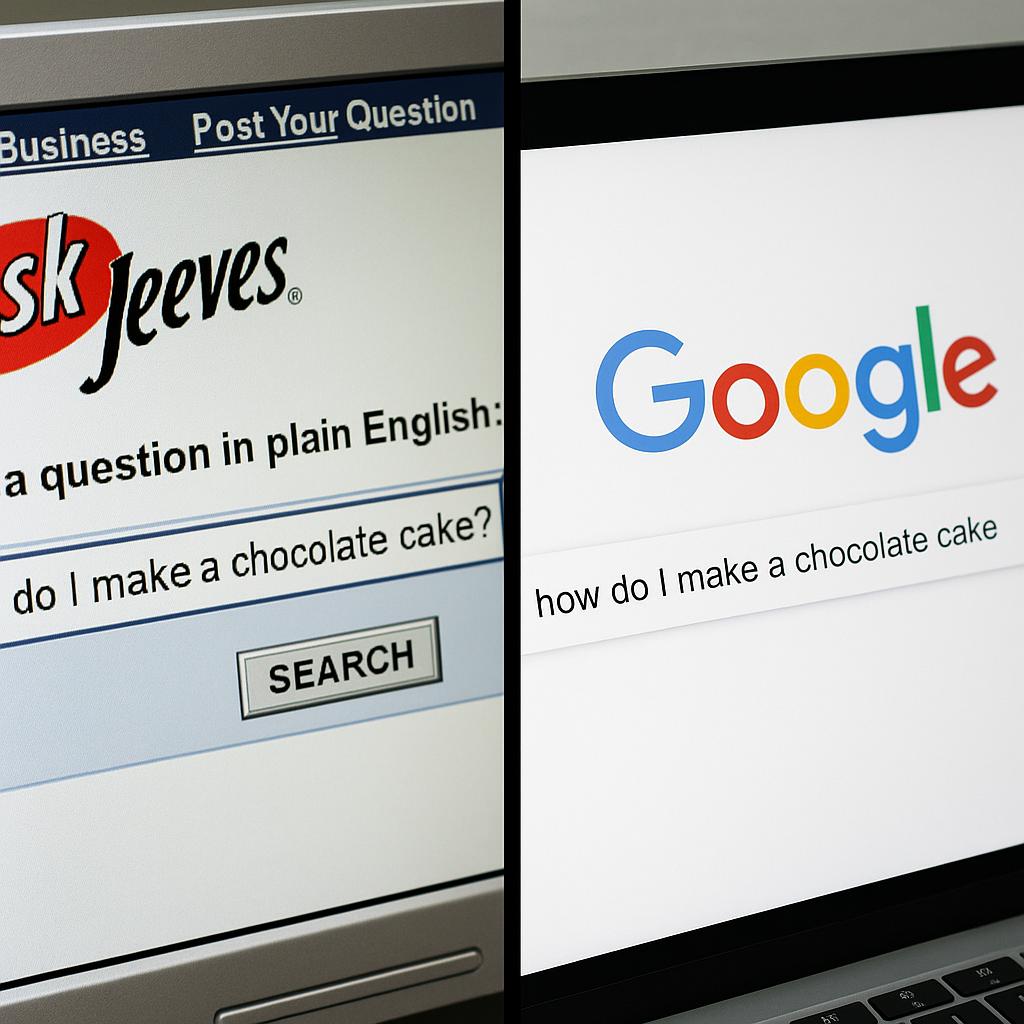 A visual comparison of Google search results and Ask.com's question-based interface