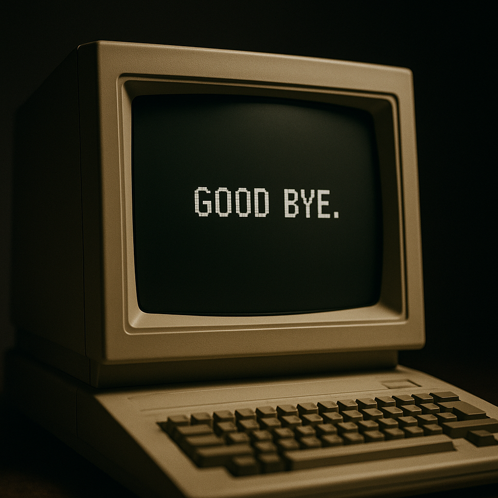 A symbolic farewell image, such as a retro computer screen fading to black