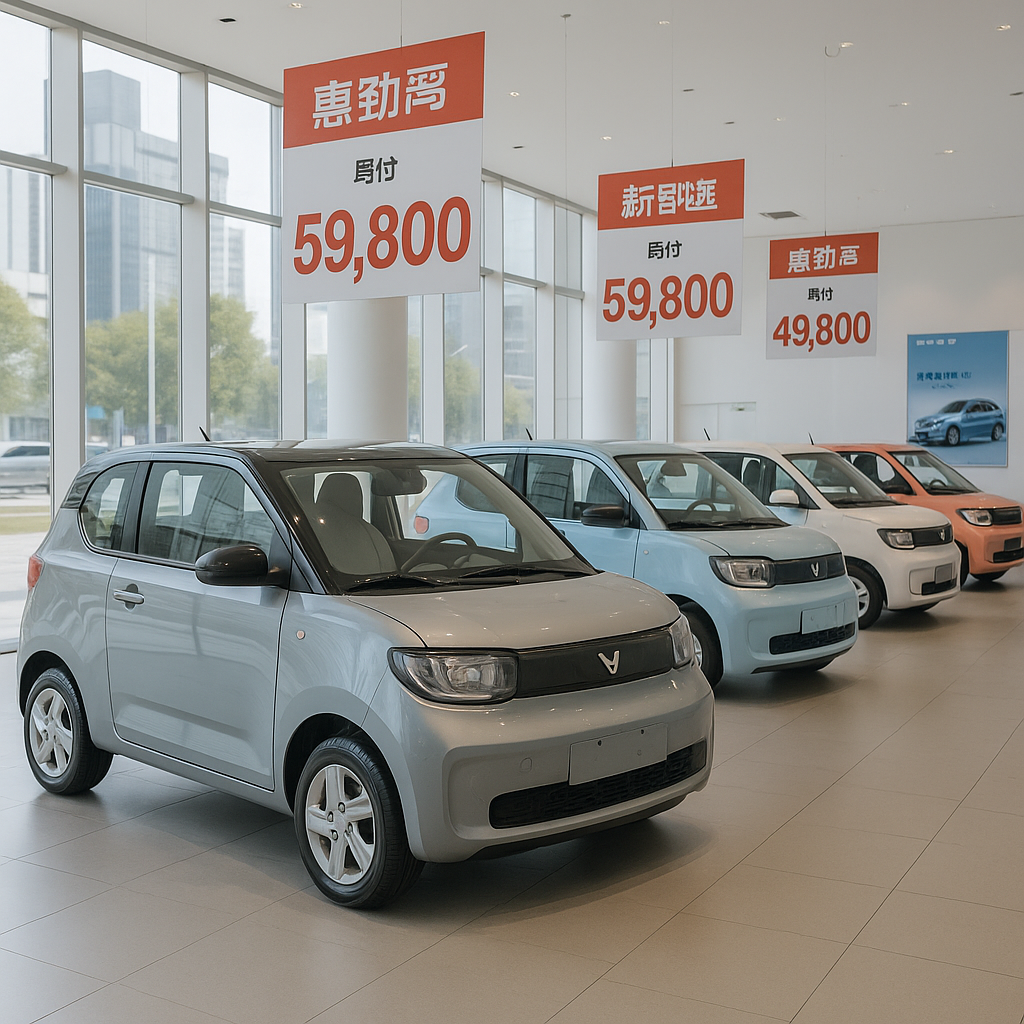 A sales floor showing rows of affordable Chinese electric cars in a brightly lit dealership