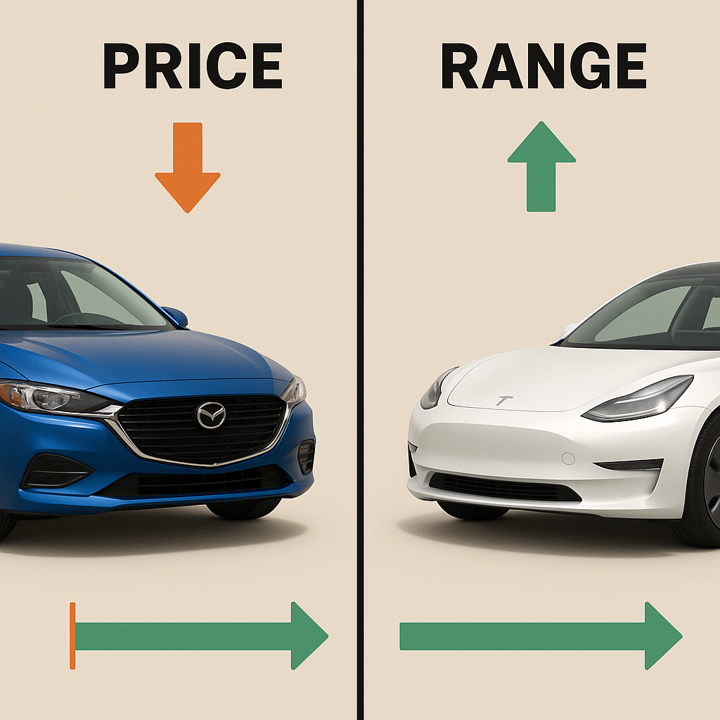 Infographic comparing the cost of a Tesla Model 3 against a Wuling Mini EV