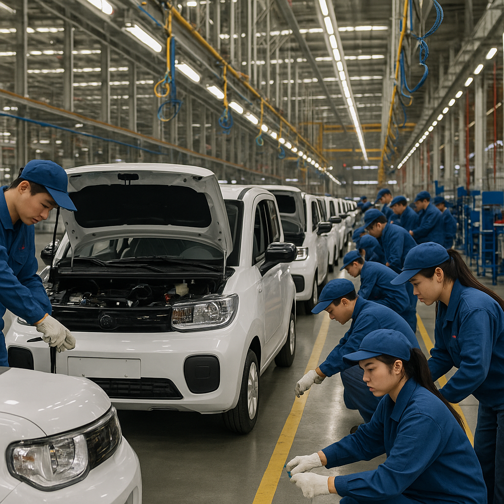 Chinese factory workers assembling compact EVs on a high-tech production line