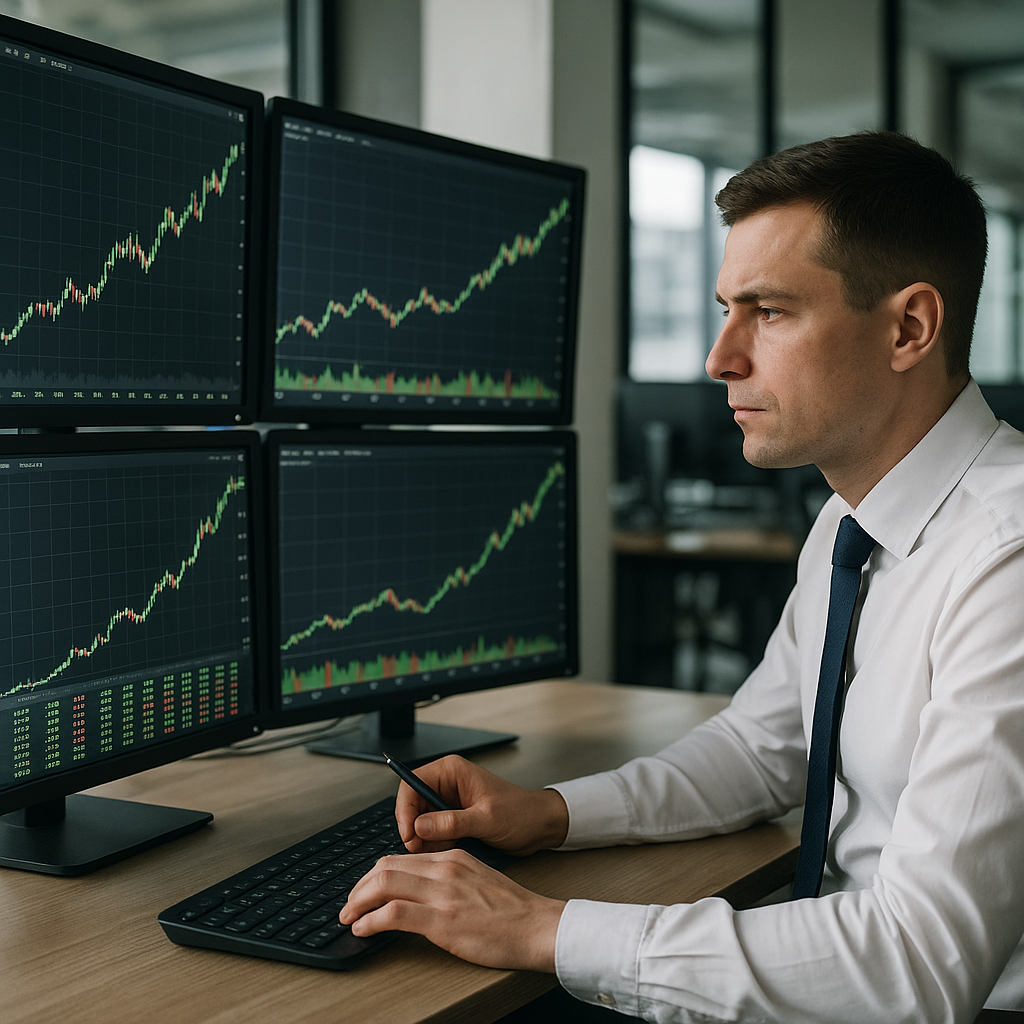 A trader analyzing stock charts on multiple monitors