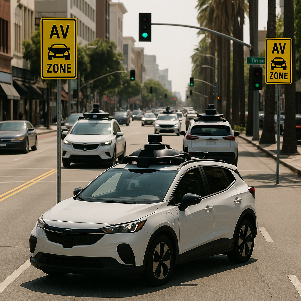 A busy California street with driverless cars from companies like Waymo