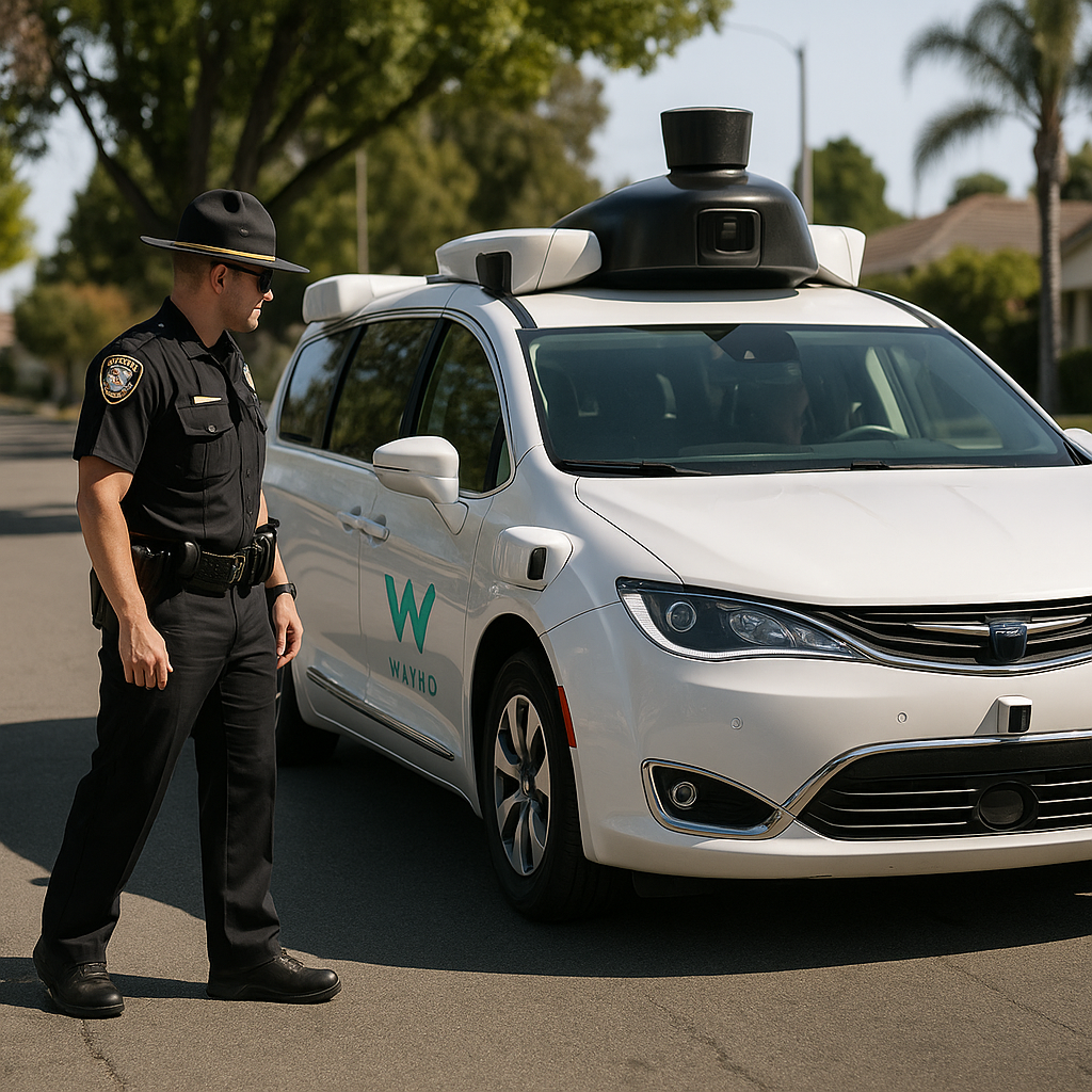 A California police officer interacting with a Waymo robotaxi during a traffic stop