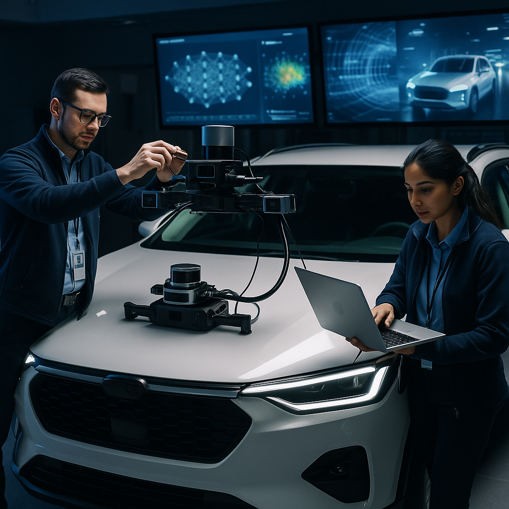 Engineers testing and calibrating AI-driven sensors on a driverless car using high-tech equipment