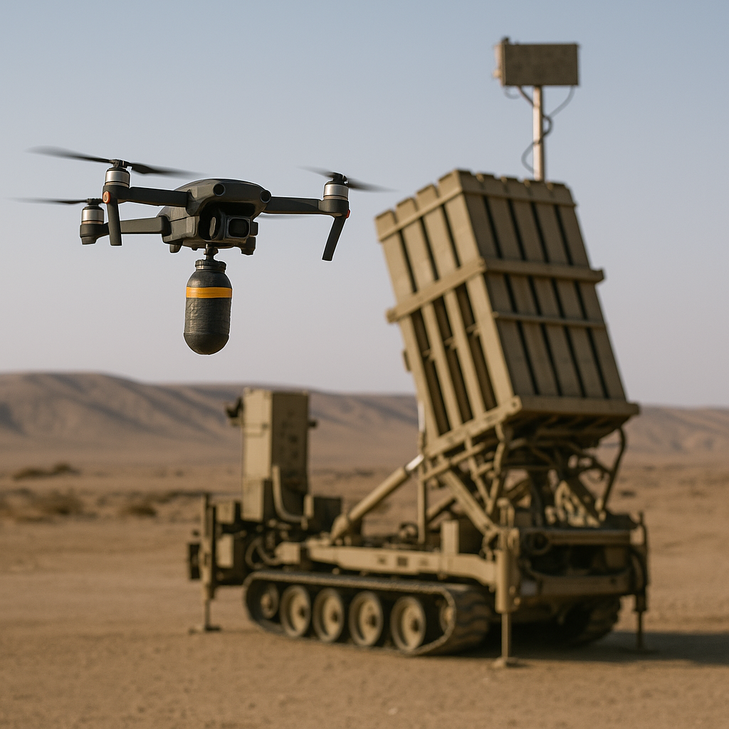 A small, explosive-laden drone flying toward a high-tech missile defense system