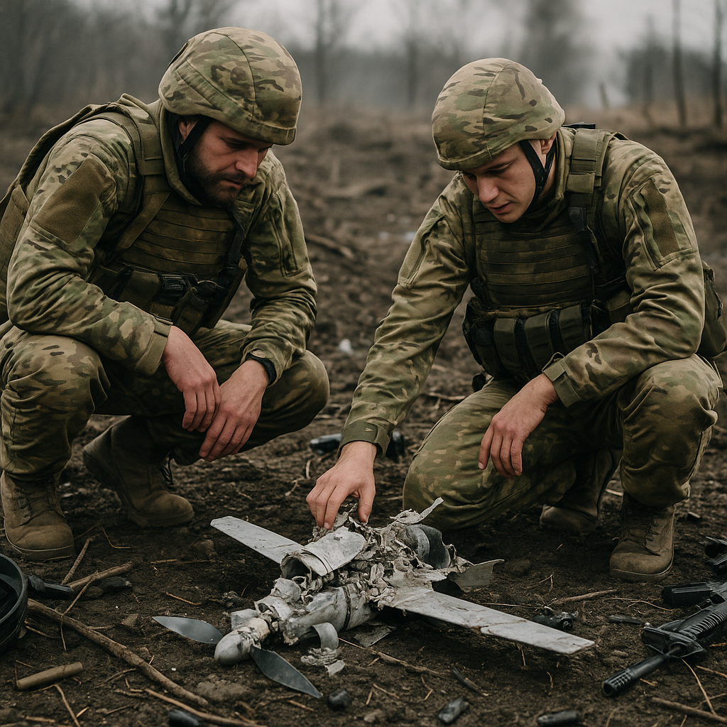 Soldiers inspecting debris from downed drones on a battlefield