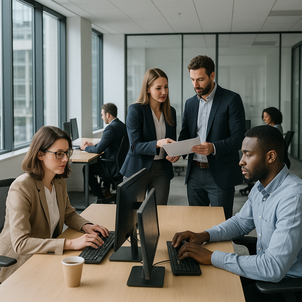 A bustling corporate office environment, showing busy employees working at desks