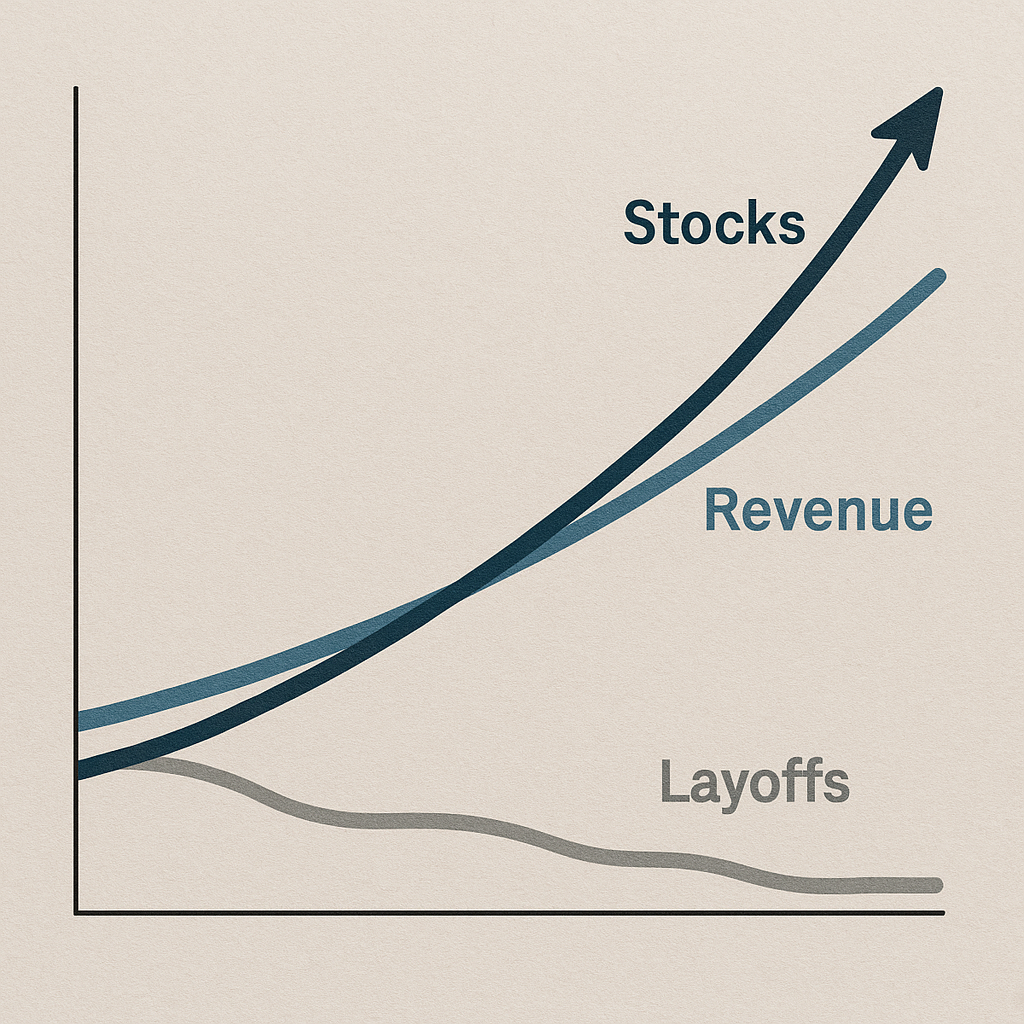 A graph showing rising revenue and stock performance juxtaposed against decreasing workforce numbers
