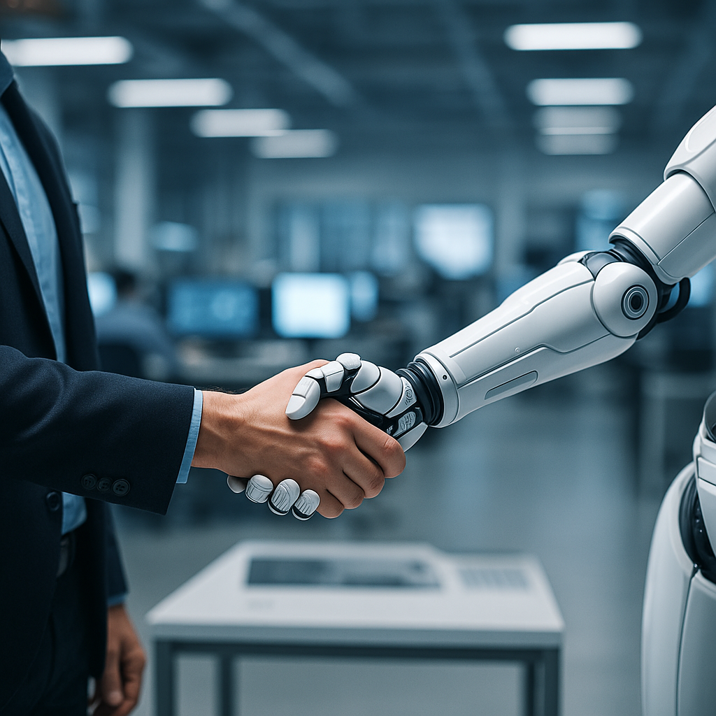 A symbolic image of an AI-powered robotic arm shaking hands with a human worker