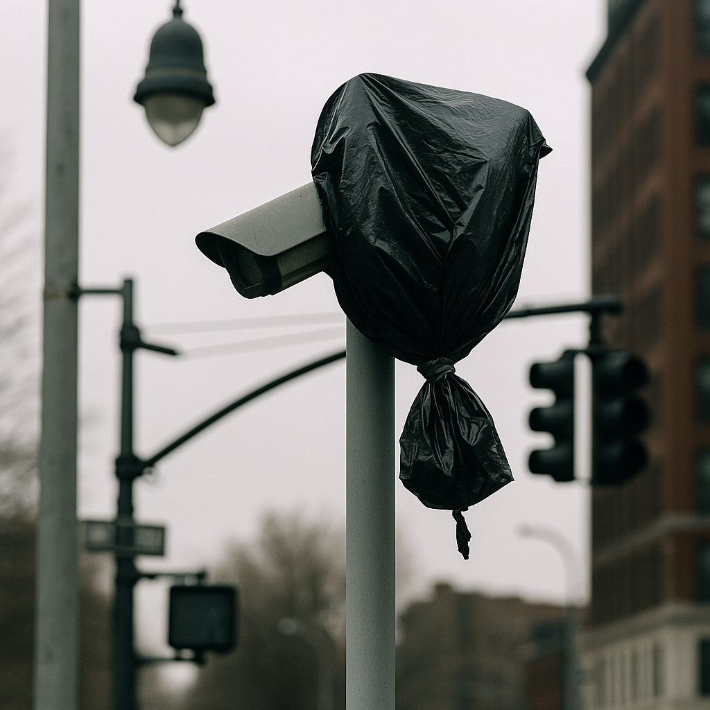 A covered Flock camera in Dayton, obscured by a trash bag