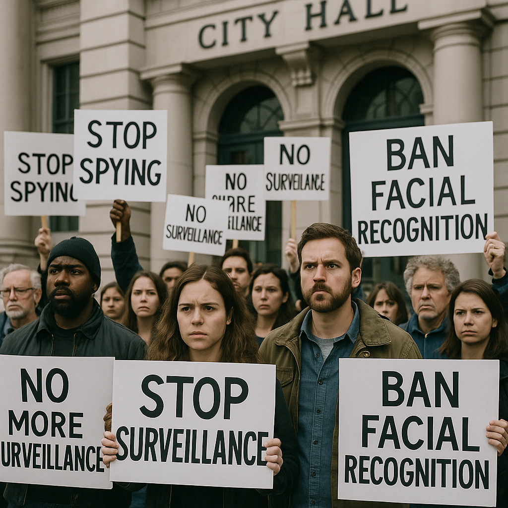 Protest signs during a public meeting discussing surveillance technology