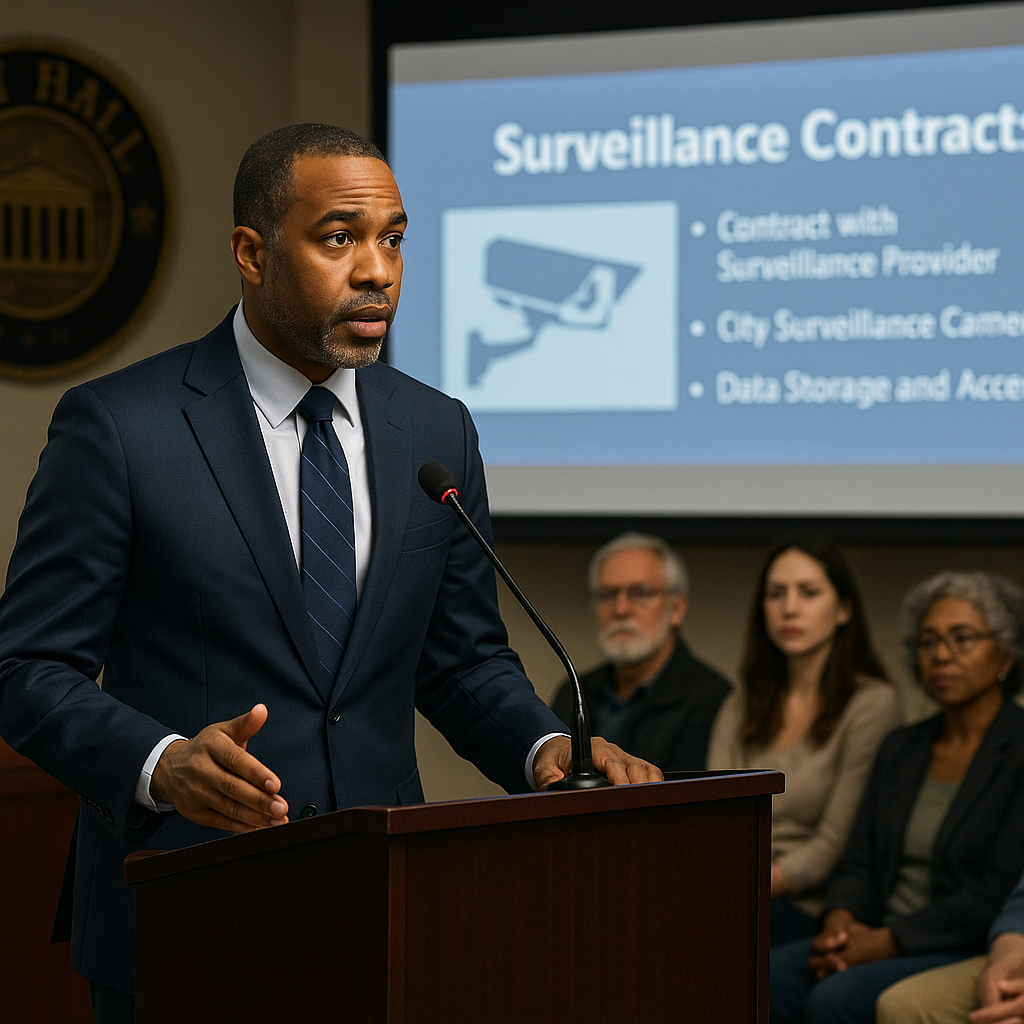 A city hall official discussing surveillance measures during a town hall meeting