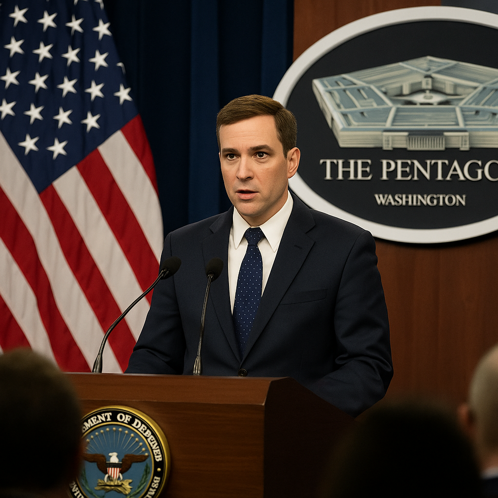 A Pentagon spokesperson delivering remarks, capturing the serious environment