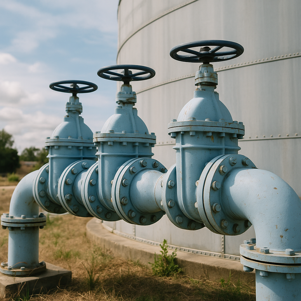 A close-up of industrial water pipes and a water storage tank outdoors