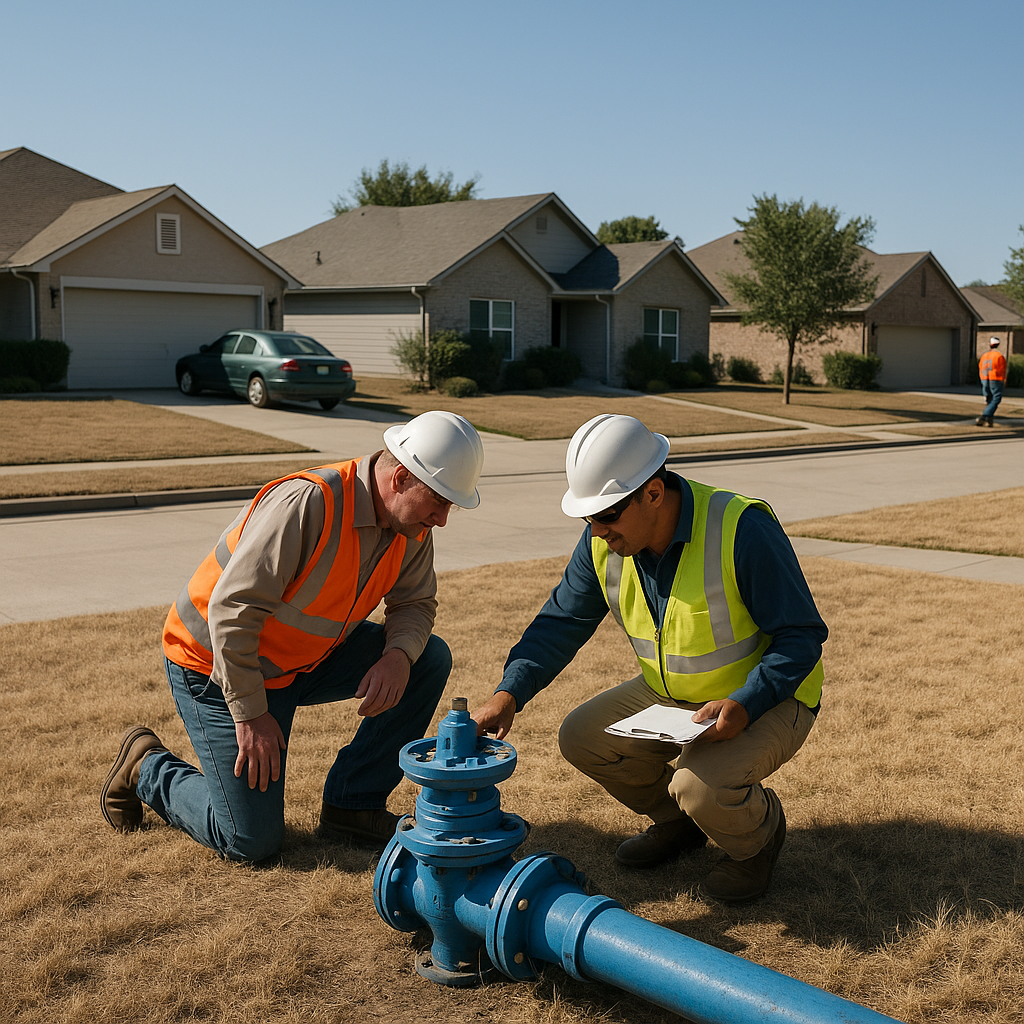 A suburban neighborhood showing dry lawns and water pipes being inspected