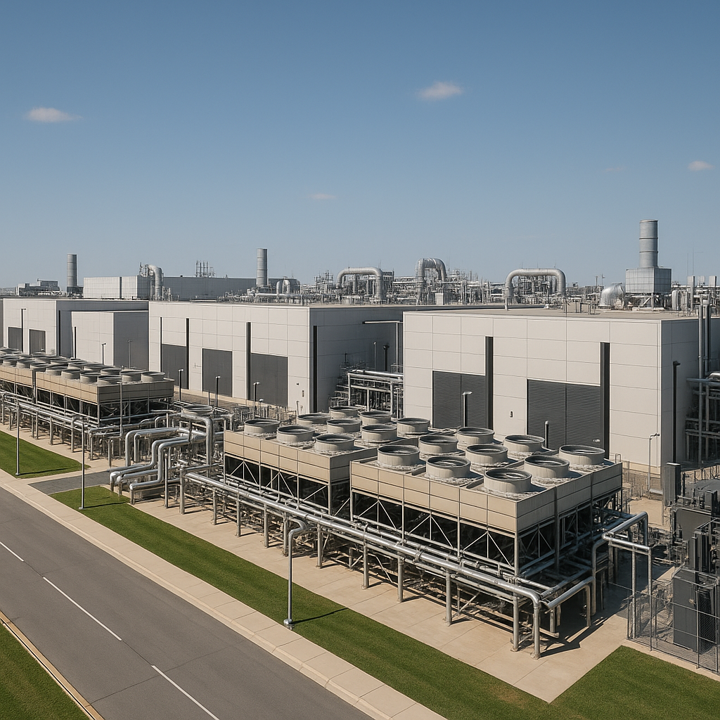 A wide-angle shot of a sprawling data center facility, with visible cooling towers