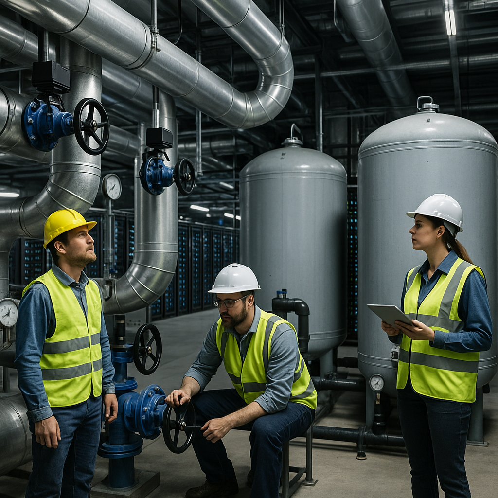 Workers at a large-scale data center surrounded by cooling systems and water tanks