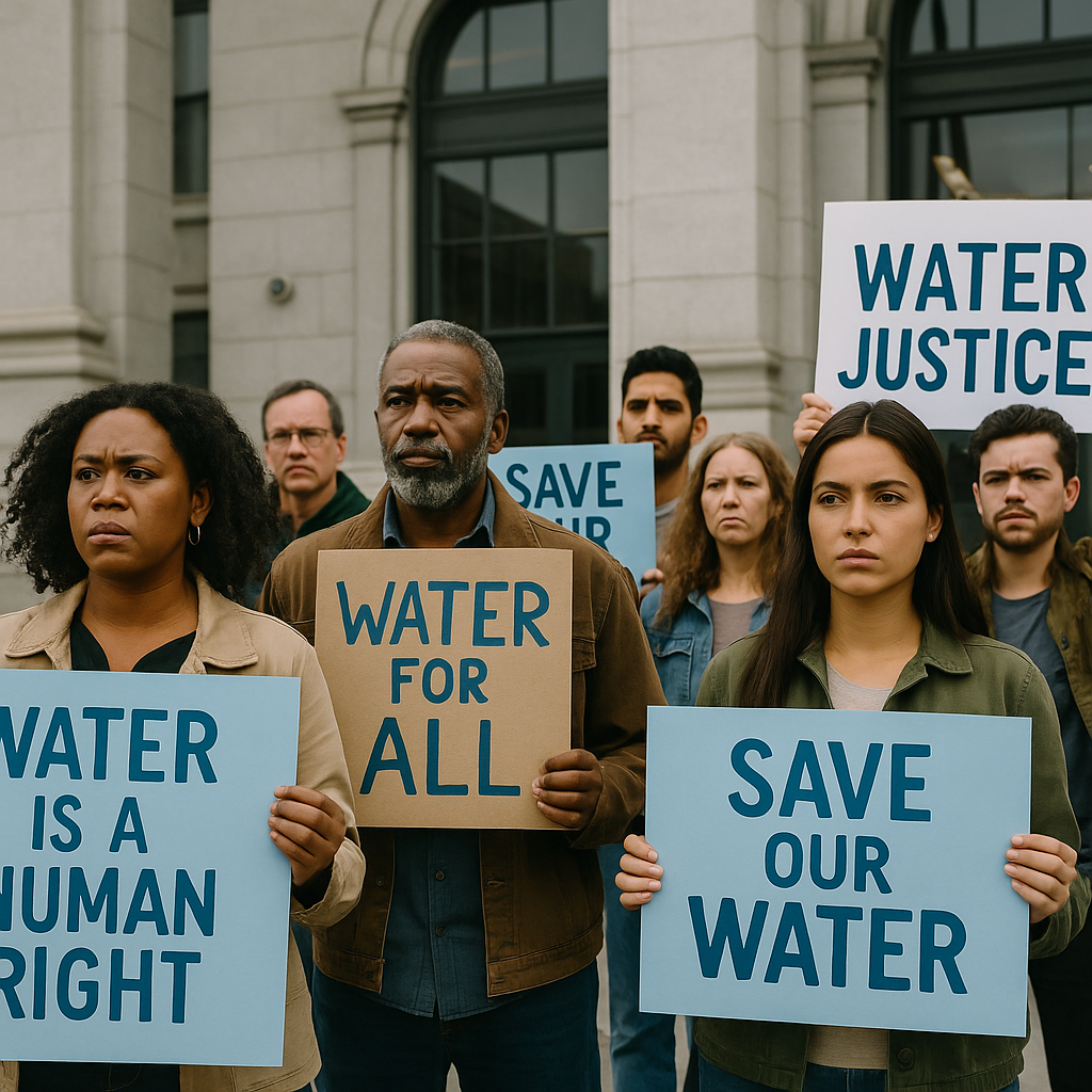 Protesters holding signs about water rights outside a government or utility office