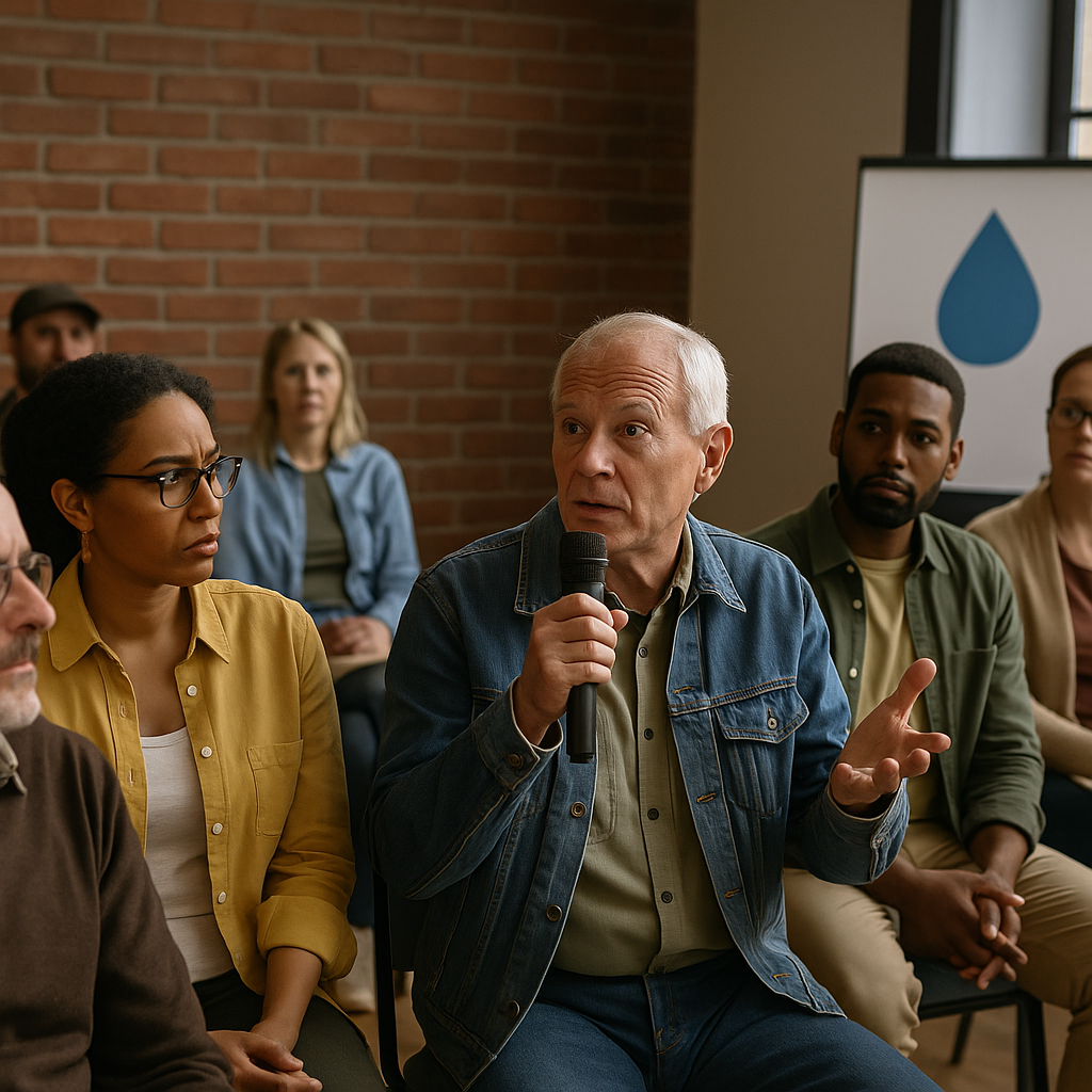 A community meeting with residents debating water usage policies