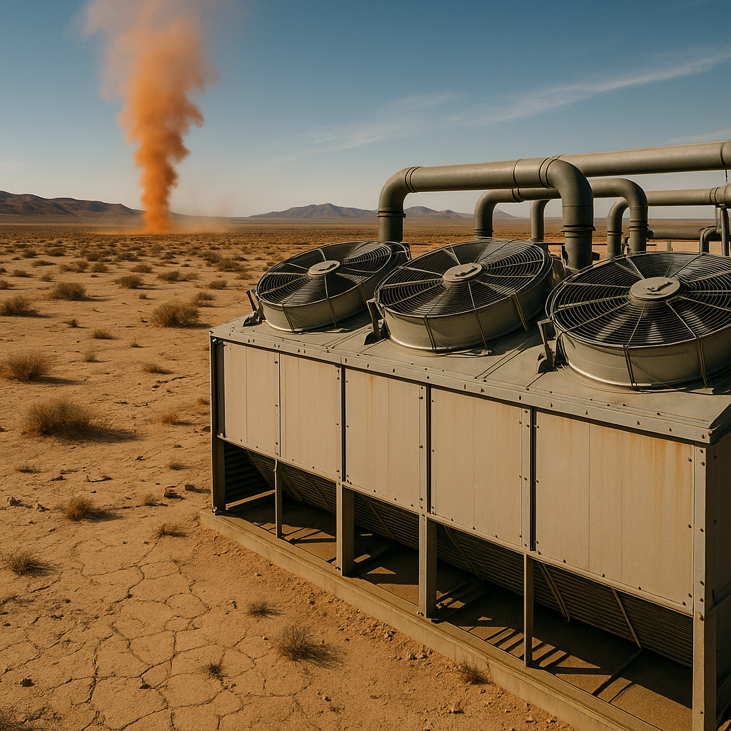 Data center cooling systems surrounded by desert landscapes