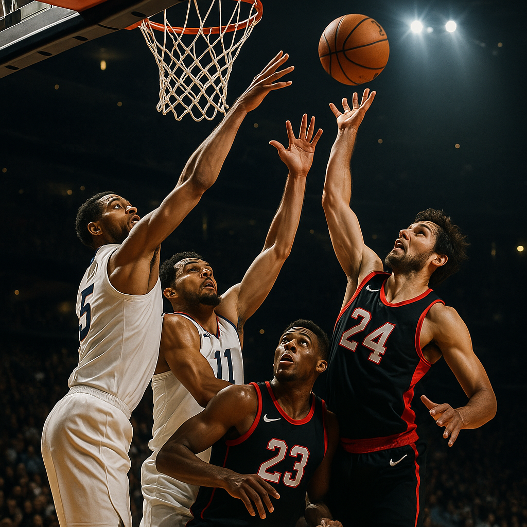 A tense basketball playoff game in progress, showing players mid-action on the court