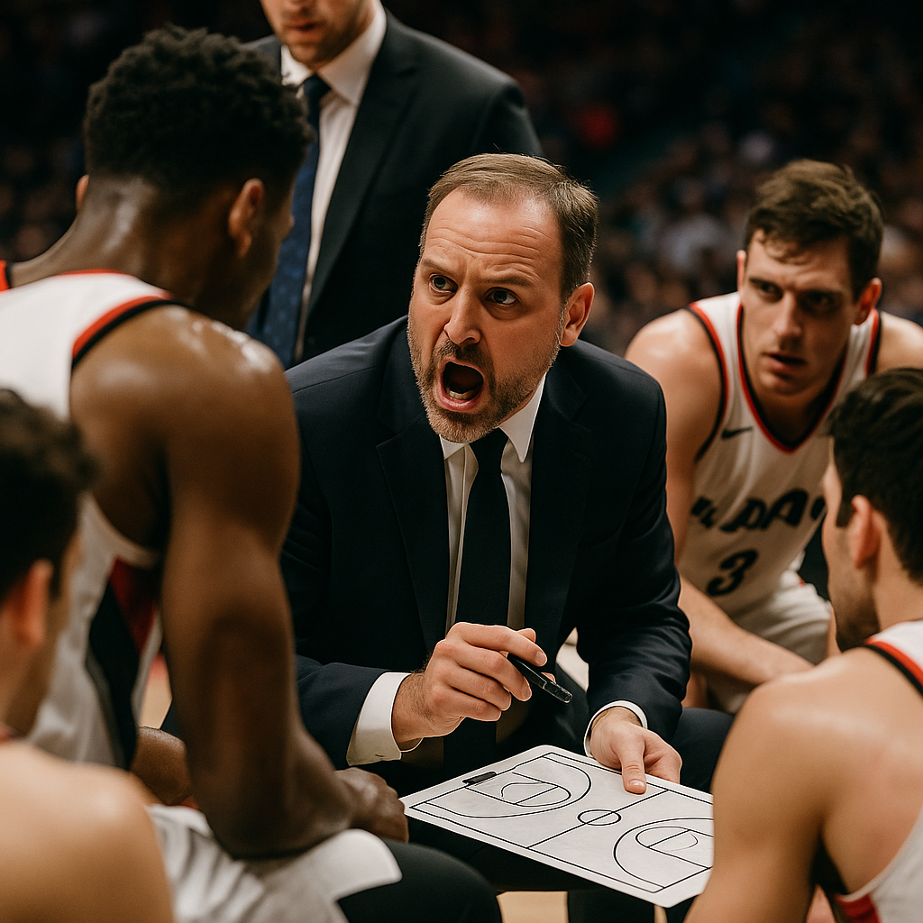A coach giving an intense pep talk to players in a huddle during a timeout