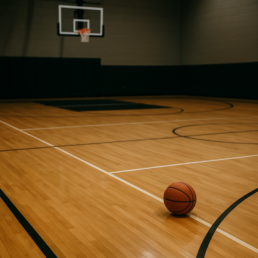 Close-up of an empty basketball court, with a single ball on the hardwood floor