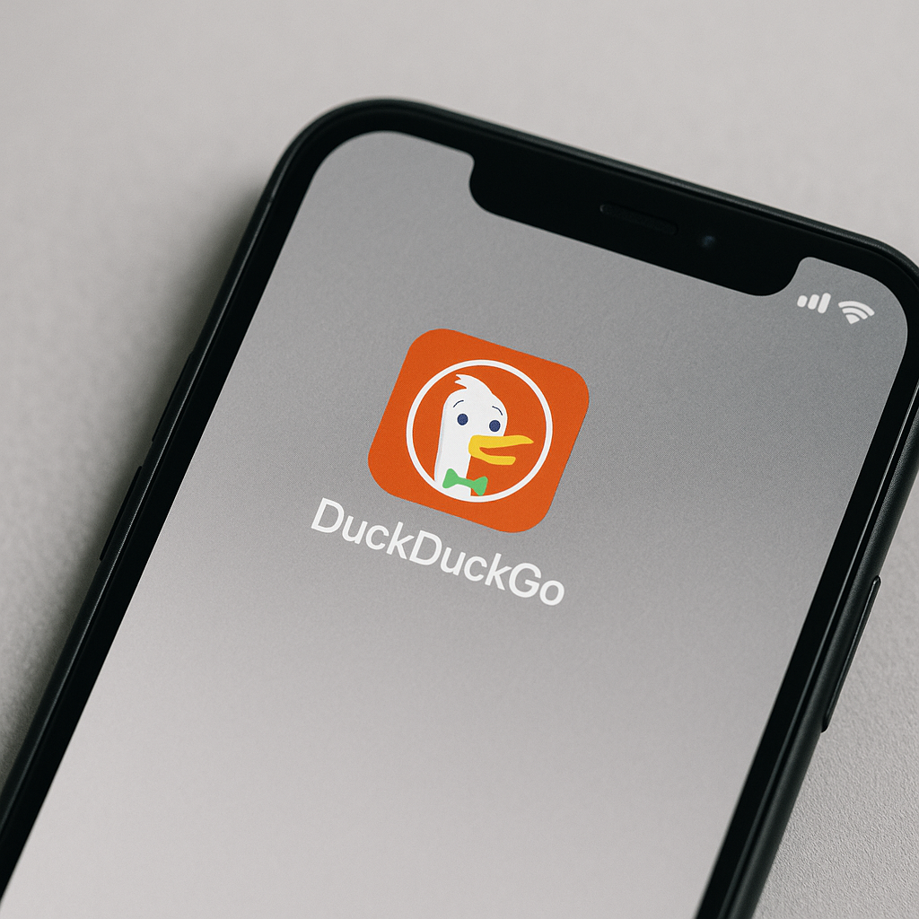 A smartphone screen displaying the DuckDuckGo app logo prominently