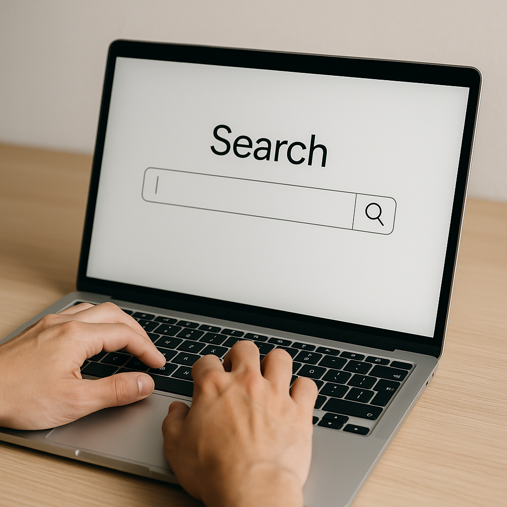 A user typing a query into a simplistic, no-frills search engine interface