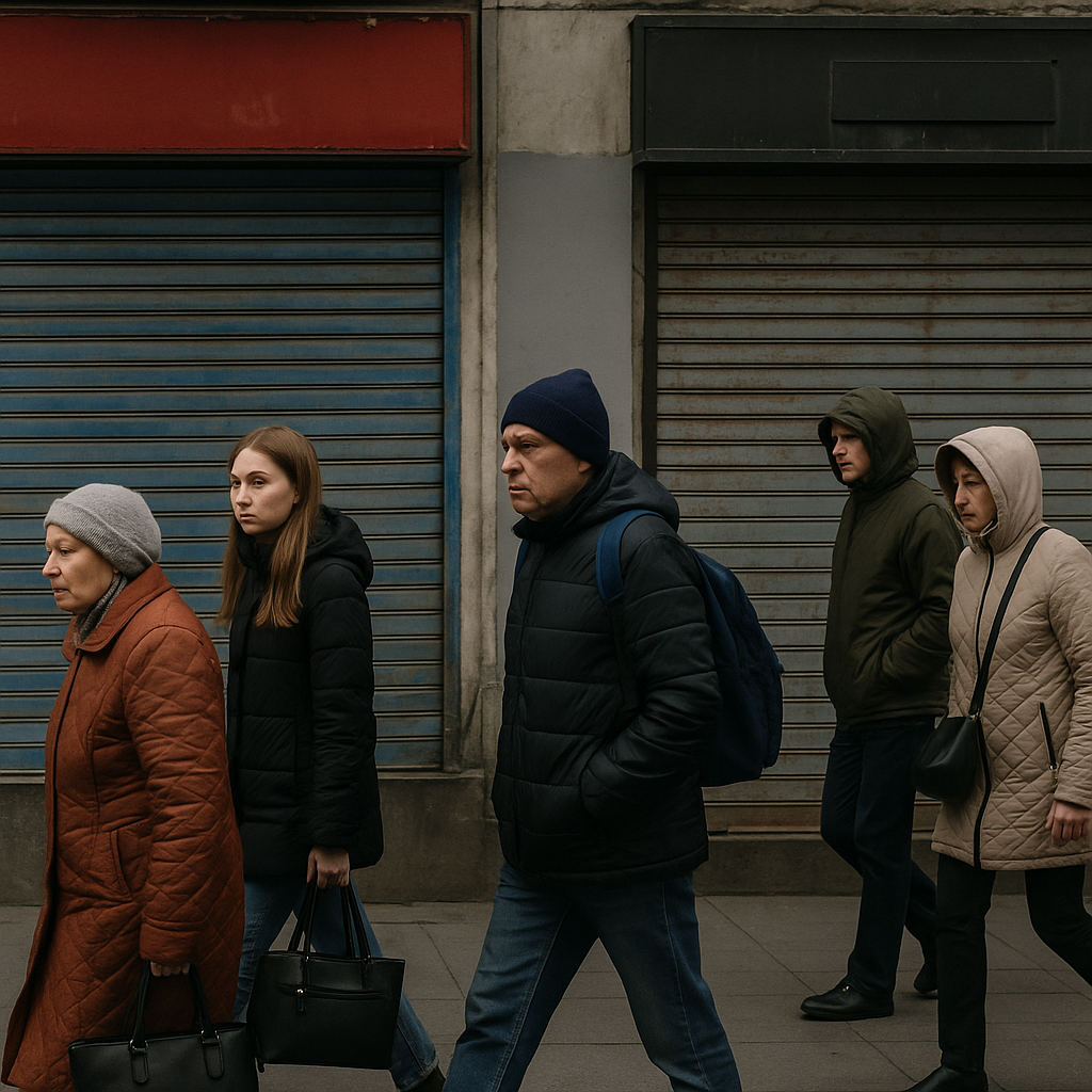 Russian citizens walking past closed storefronts in a city center