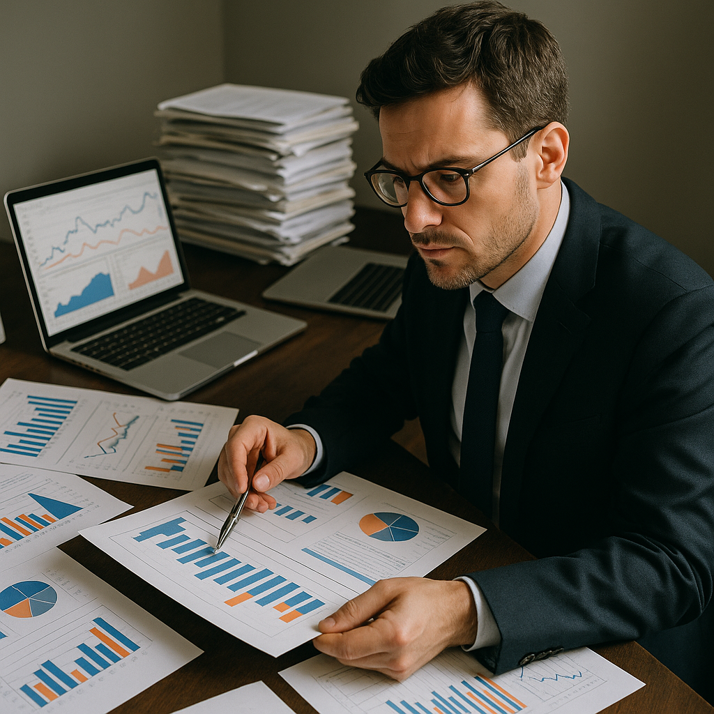 An economist reviewing data charts on a desk stacked with papers
