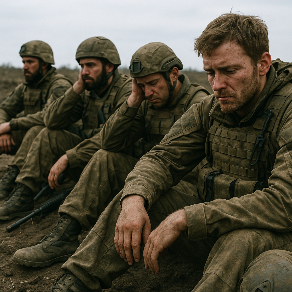Soldiers in fatigues sitting on the ground, looking exhausted within a barren warzone