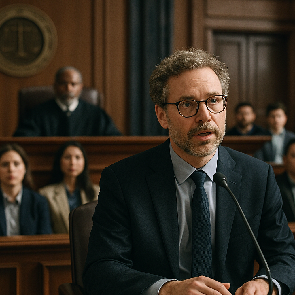 Courtroom scene showing Sam Altman giving testimony