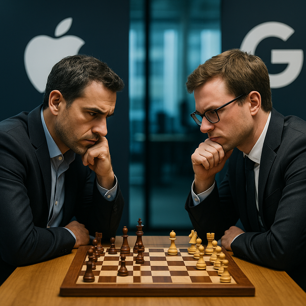 A symbolic representation of competition in tech (e.g., two chess players facing off)