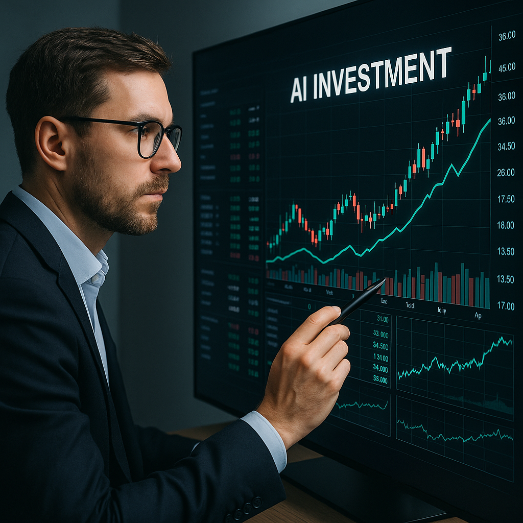 A financial analyst reviewing AI market trends on a digital display