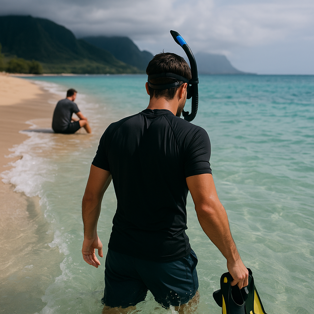 A person with snorkel gear entering clear Hawaiian waters near a memorial site