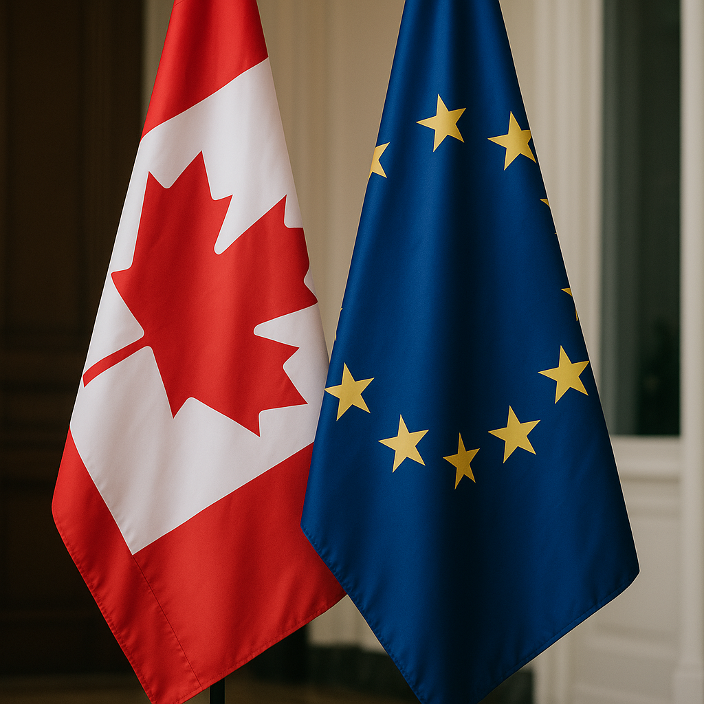Flags of Canada and the EU side-by-side in a diplomatic setting